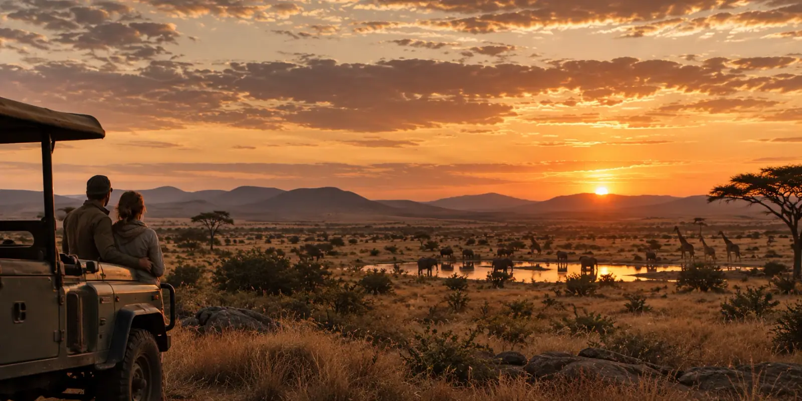 Paar auf einem Safari-Geländewagen sieht Elefanten und Giraffen am Wasserloch bei Sonnenuntergang